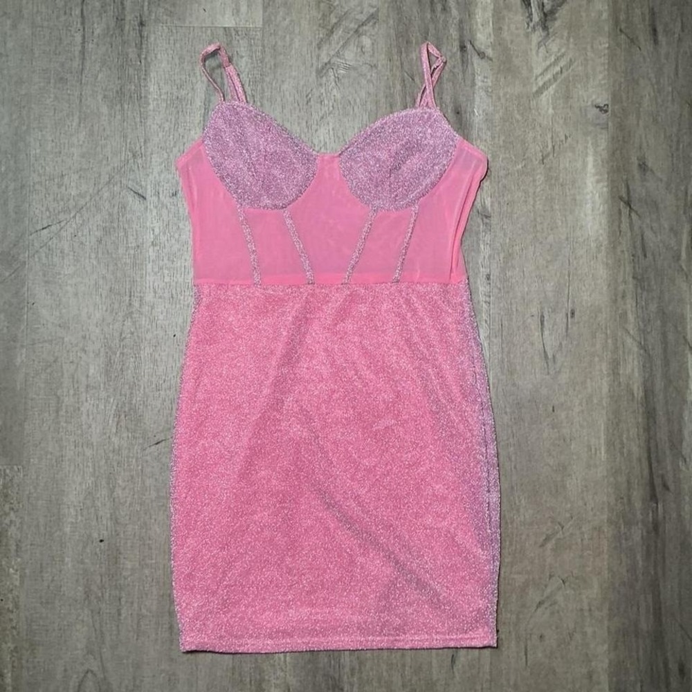 Pink sparkly bodycon dress with corset top and spaghetti straps. Size: L